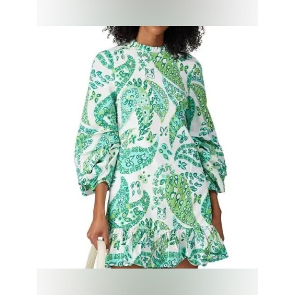 STAUD 4 Green Paisley Ruffle Mini Dress